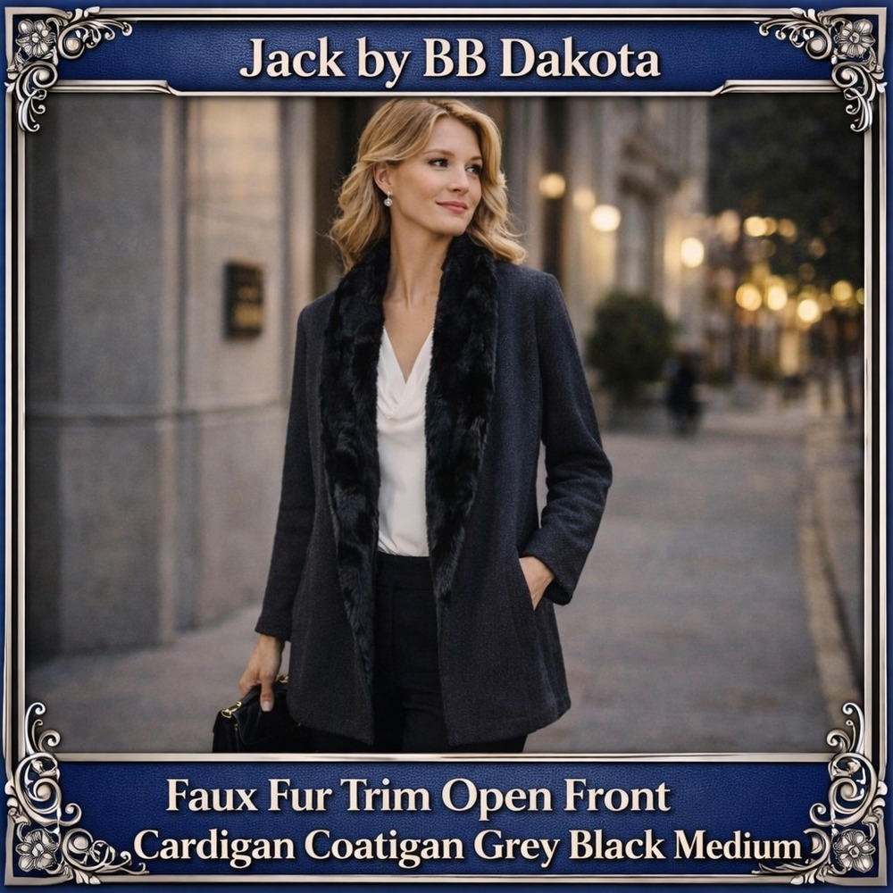 Jack by BB‎ Dakota Faux Fur Trim Open Front Cardigan Coatigan Gray Black M
